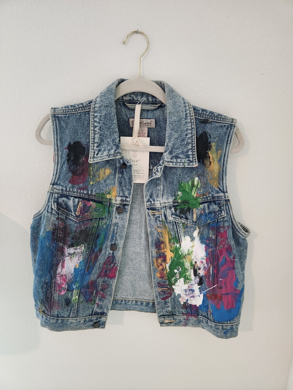 Urban Renewal Denim Vest with Multicolor Paint Splatters